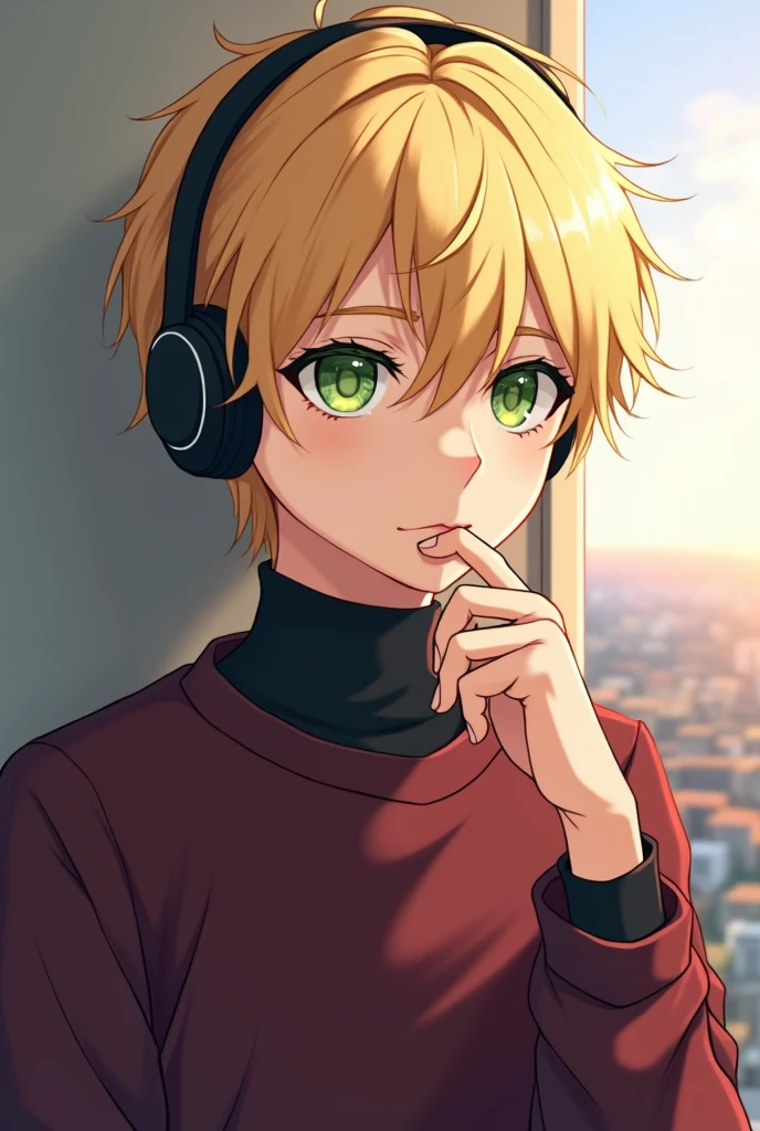 A profile picture of an anime boy with blonde hair and green eyes, short hair with strong black eyeliner, and with thoughtful headphones, in wine-colored sweatshirts and turtlenecks, and watching the horizon, a little serious and melancholic