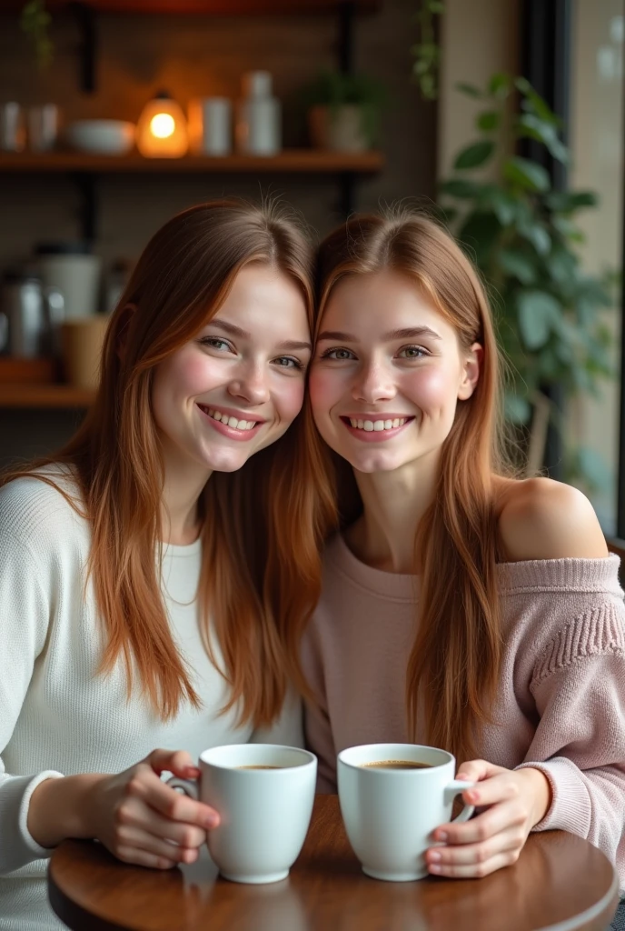 headshot, ukrainian girl, sitting at a café with beautiful smiling girl, on table two cup of coffee, BREAK dress, hands on table, BREAK makeup, long straight hair, pale skin, fair skin, white skin, BREAK AS-Adultб BREAK russet hair