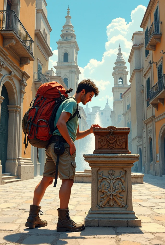 drawn in the form of a colored drawing, a backpacker is looking at a box that is on top of a pedestal in an old outdoor square