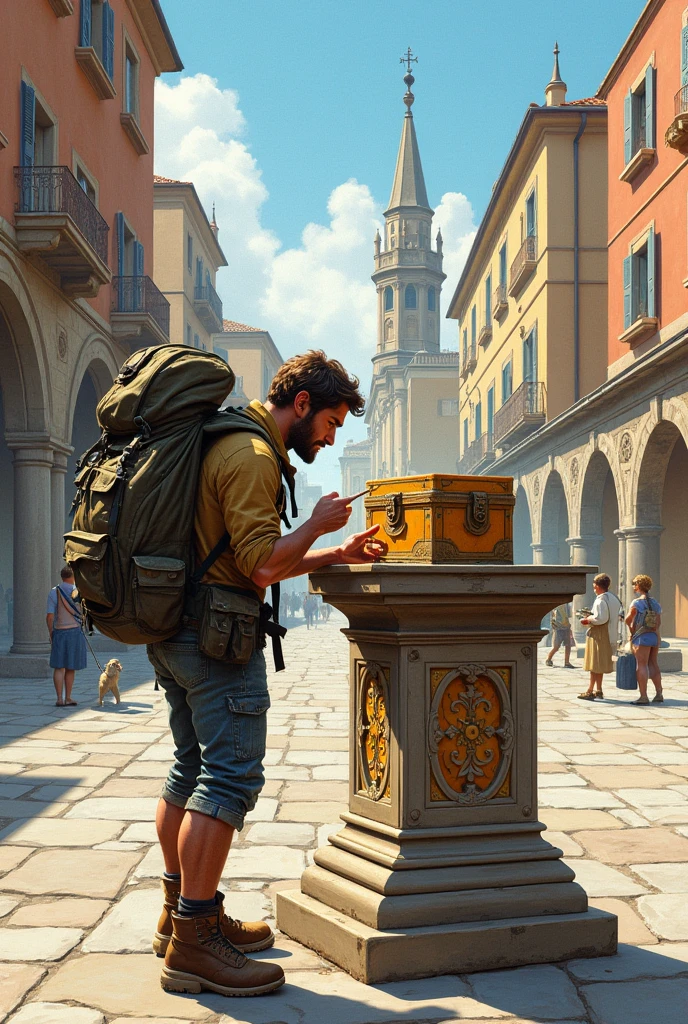 drawn in the form of a colored drawing, a backpacker is looking at a box that is on top of a pedestal in an old outdoor square