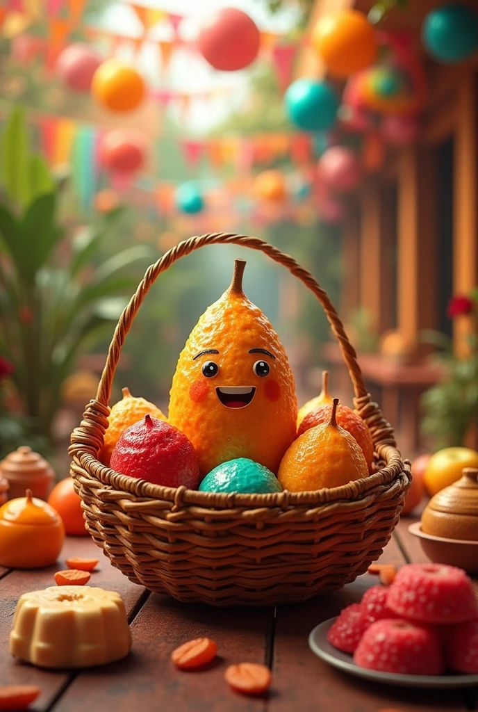 image of a tamarind, smiling, in a basket with sweets of another kind, with Mexican party background