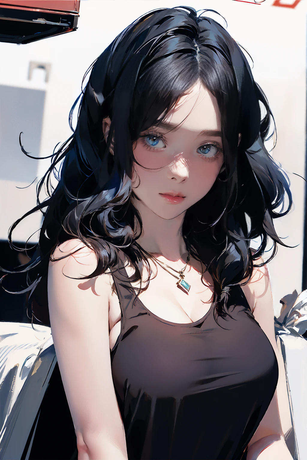 (masterpiece, best quality, 1girl, solo, intricate details, chromatic aberration), (realistic),(skin), ((breath)),(black hair,blunt bangs),detailed hair, red head ornament, blue highlights, hair over one eye,black eyes, small earrings, sharp eyes, choker,((black crop top )),(skirt),open waist,(symmetry eyes),(perfect symmetrical body), night,(((natural light))),backlighting,against grey  wall, dim lighting ,look at viewer,((centered shot, from front,(face and waist)))