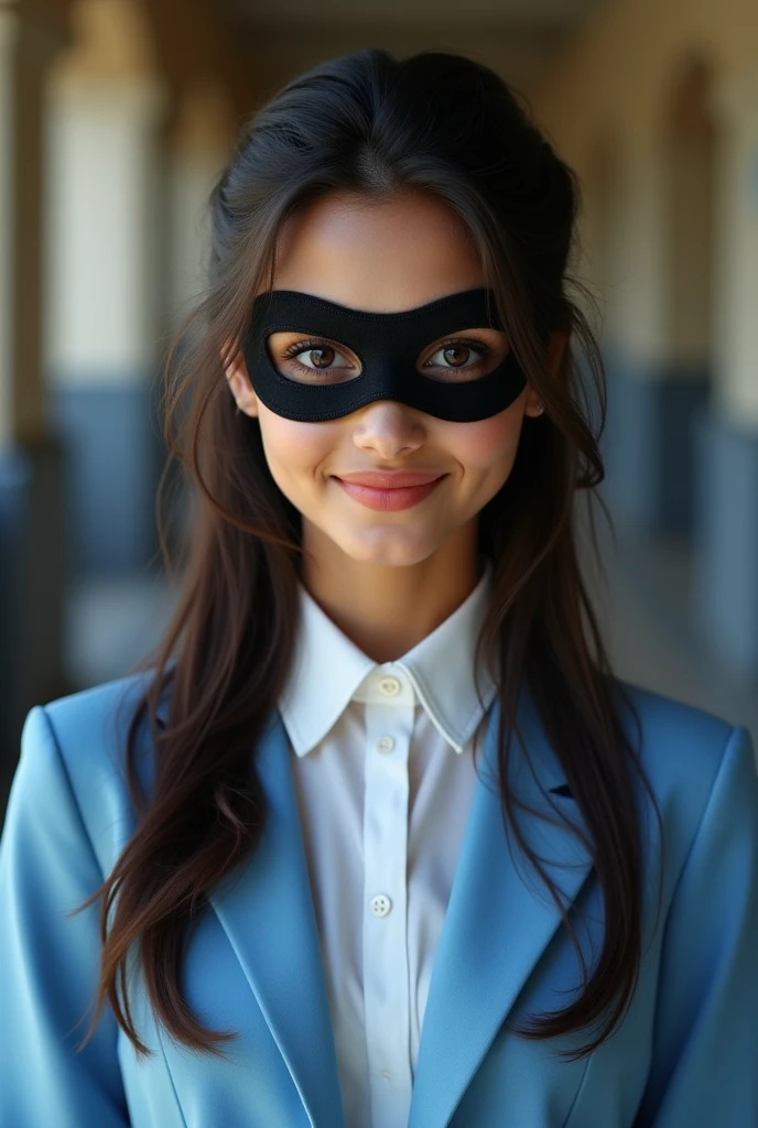 A beautiful 20 year old girl or beautiful big eyes with a black mask in school dress, white salbar and sky suit and a beautiful smile on her face