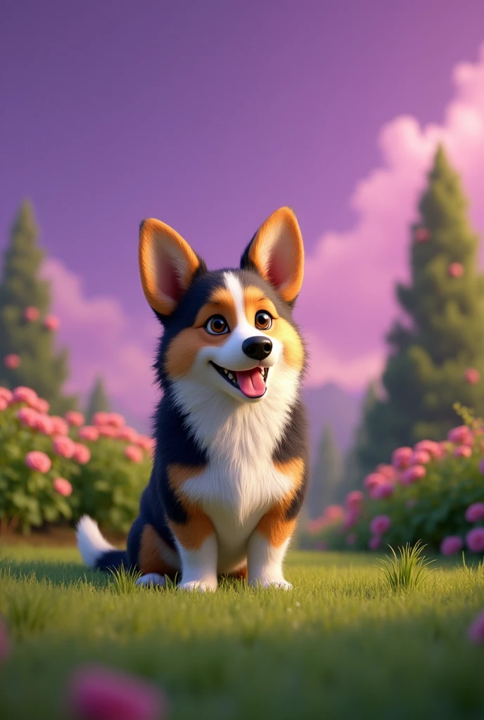 A real photorealistic image of a medium sized corgi dog, mestiza, very thin, happy yellow in a garden, with green grass and purple sky