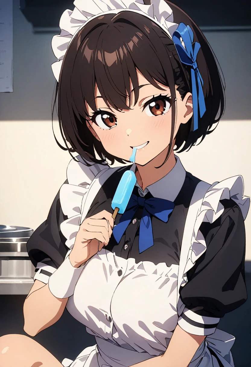 (Highest quality:1.2, 4K, 8k, Studio Anime, Very detailed, up to date, Vibrant, Attention to detail, High Contrast, masterpiece:1.2, Highest quality, Best aesthetics), (((1 person))), Sitting, maid, maid服, Blue Ribbon, Frills, Lick:1.2, smile, Popsicles, 舌を出してLick, Cute people, Get closer, Friendly atmosphere, Fun and youthful々Shii々Cool vibe, Accuracy and concentration, Striking contrast,  (Perfect hands, Perfect Anatomy), I'm smiling at you、