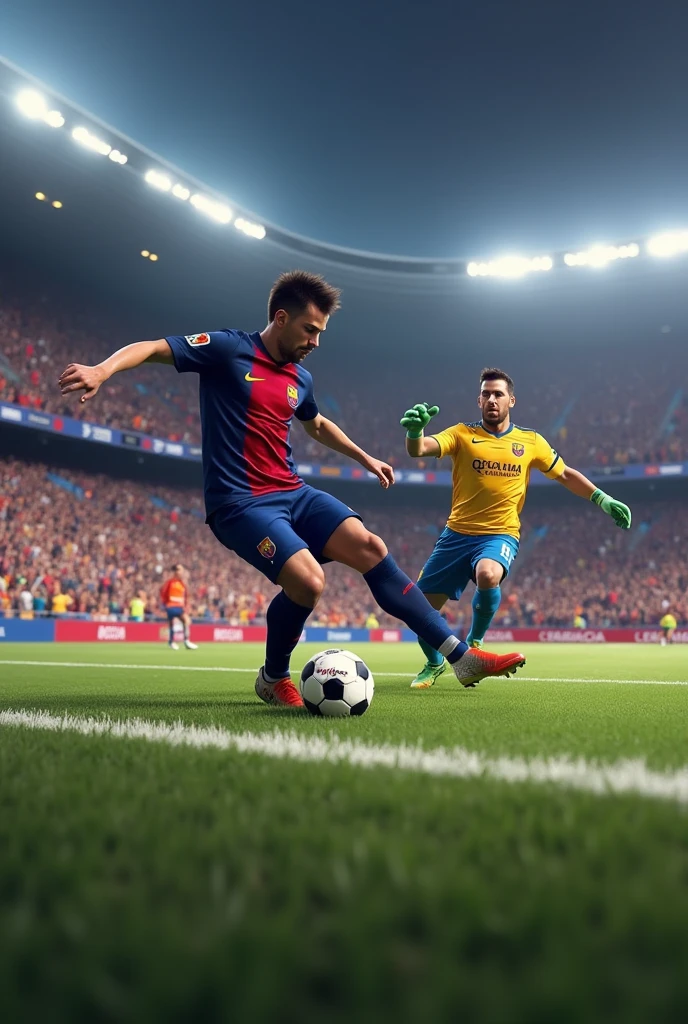 me kicking a ball into the drawer and the goalkeeper almost catching it. I'm wearing a Sao Paulo t-shirt, I have dark brown hair, my height is 1.78, I have an American haircut, the goalkeeper will be ter stegen, The stadium will belong to Barcelona and will be full of fans.