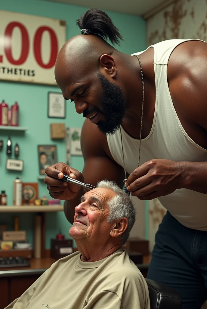 Generates an image of fat shaquille o&#39;neal with a ponytail up, cutting the hair of a chubby, dark-skinned old man and in the background a sign in Spanish that says &#39;Esthetics 57100&#39; 
