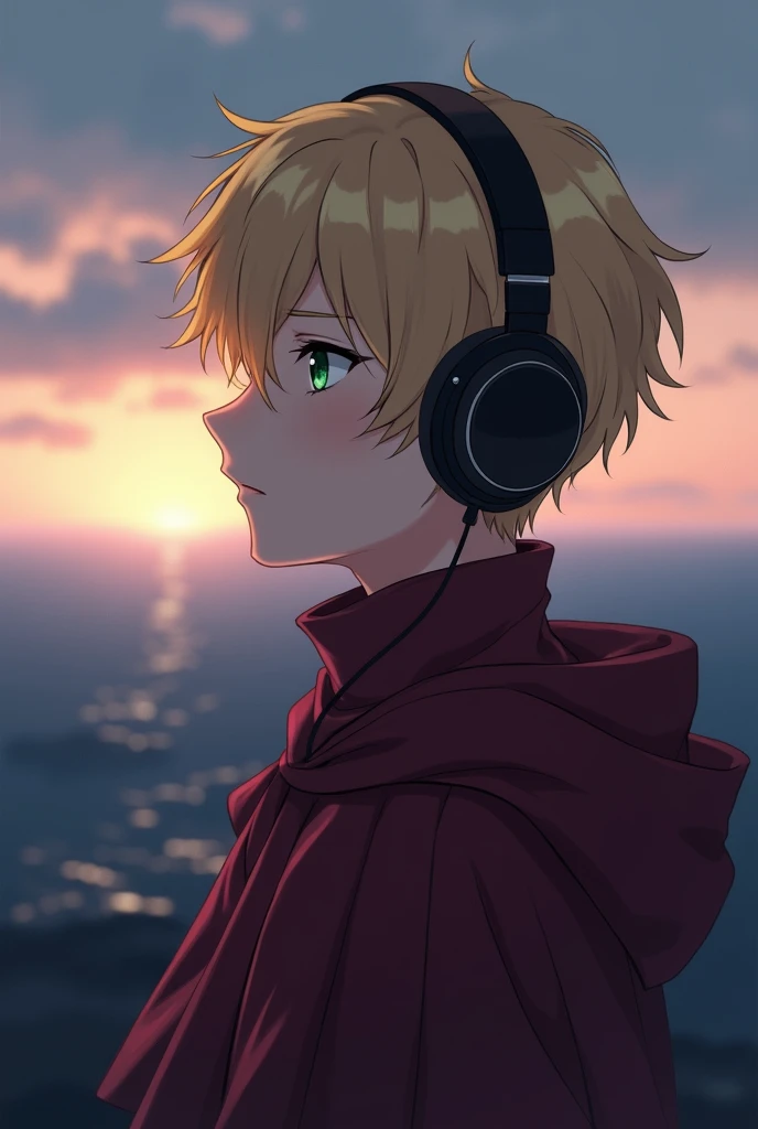 A profile picture of an anime boy with blonde hair and green eyes, short hair with strong black eyeliner, and with thoughtful headphones, in wine-colored sweatshirt with cape and high collar, and watching the horizon, a little serious and melancholic