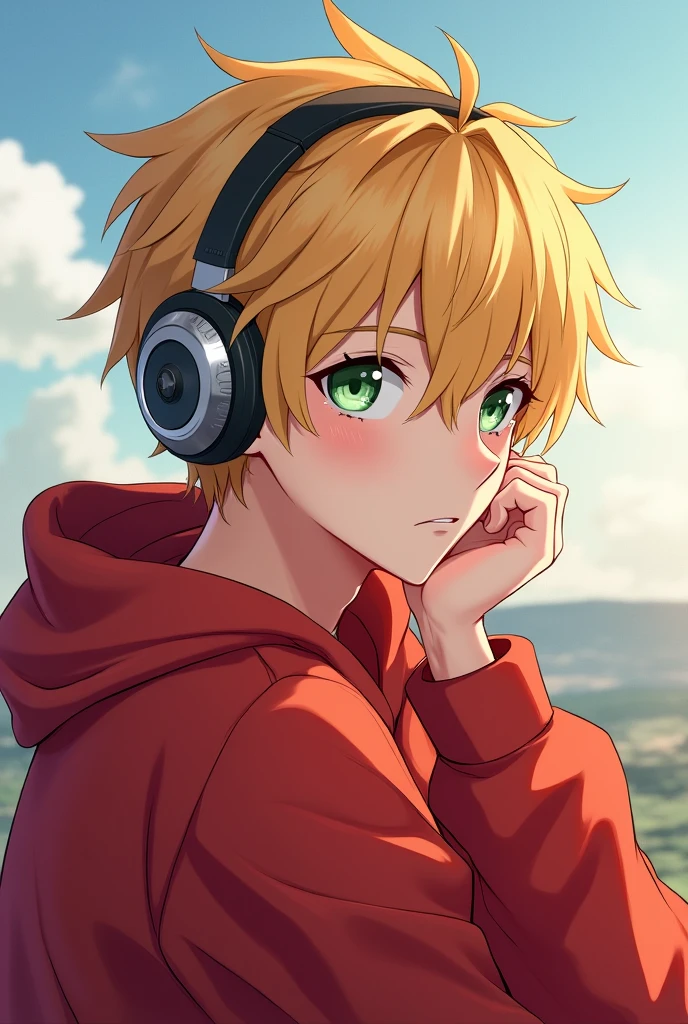 Create an anime-style image of a male character with blond hair, Wearing Headphones, greeneyes, he has a little black dot on his nose, and wearing a red sweatshirt. He is wearing a red sweatshirt and has a reflective expression looking at the horizon. 