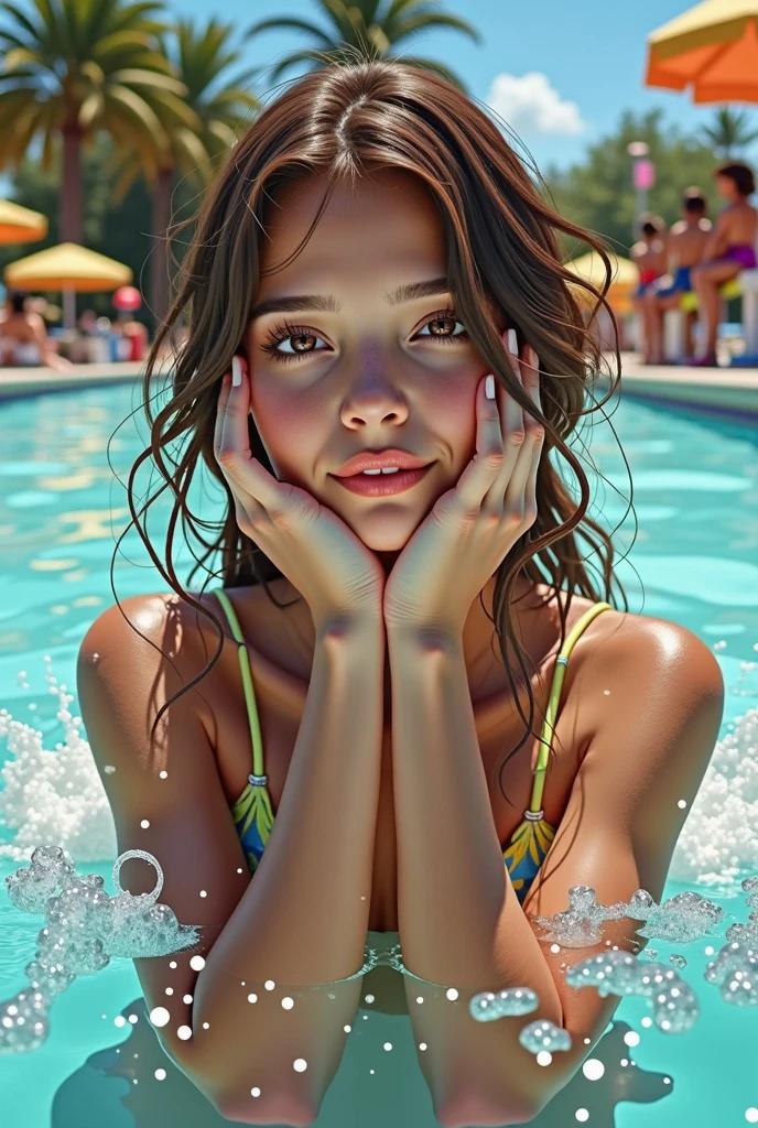 A beautiful girl at a water park sitting looking innocent, (photorealism:1.2), beautiful, normal hands, reg Rutkowski, by Alphonse Mucha, Masterpiece