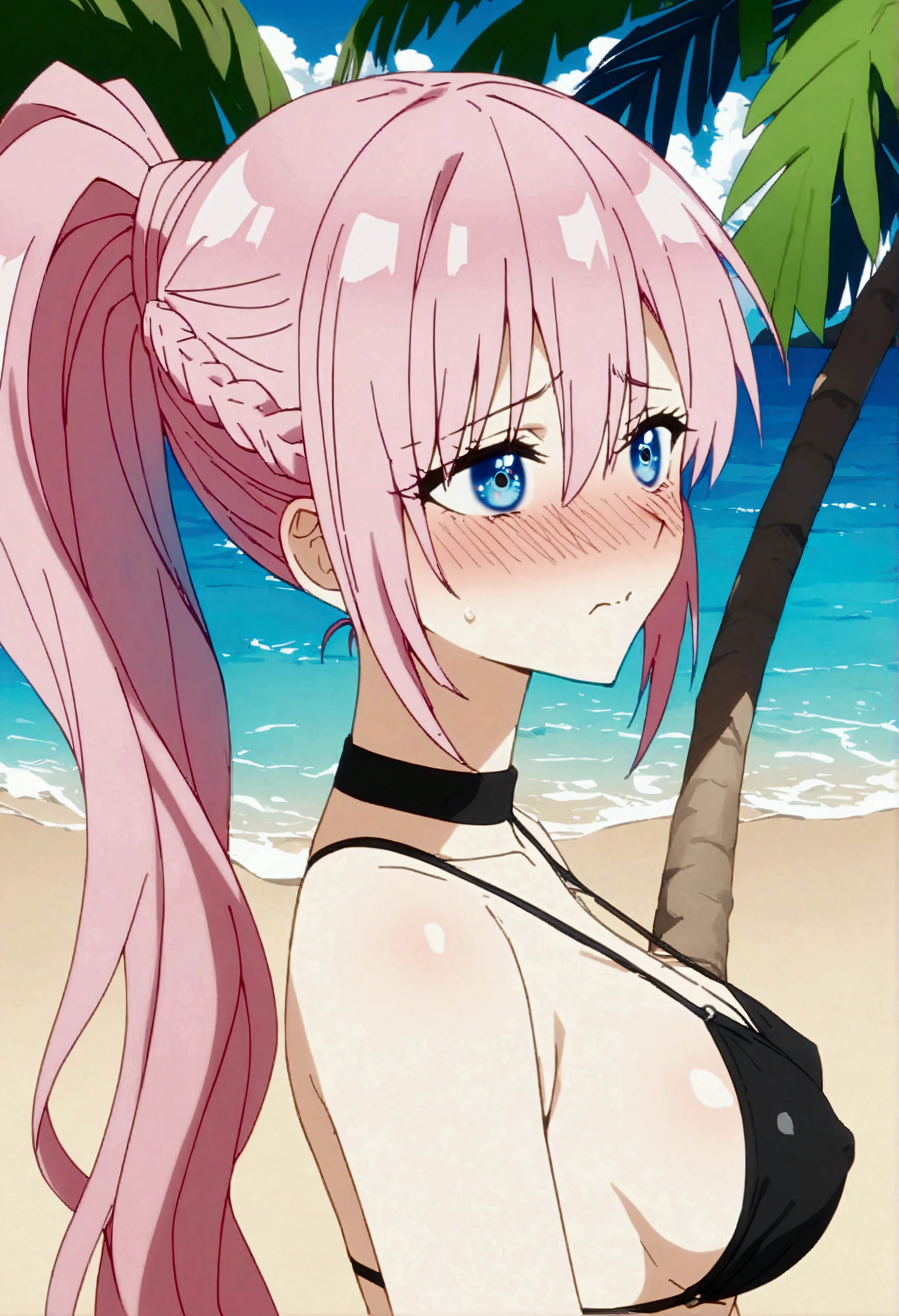 NSFW,masterpiece,Highest quality,High resolution,Very detailed,Shikimori-san\(可愛いだけじゃないShikimori-san\),Pink Hair、ponytail、Long Hair、blue eyes、Braid、Hair between the eyes、bangs,Embarrassed,blush,High-quality halter bikini,Palm tree,beach,Rock Shade