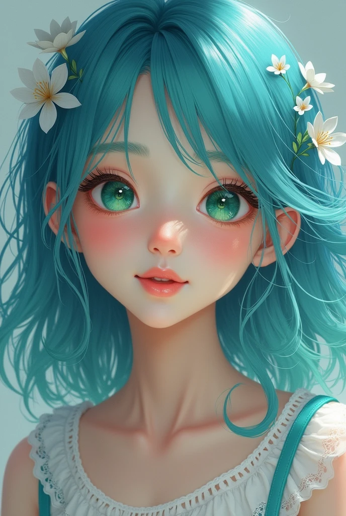 Green eyed girl, blue hair, White skin, beautiful and smiling.