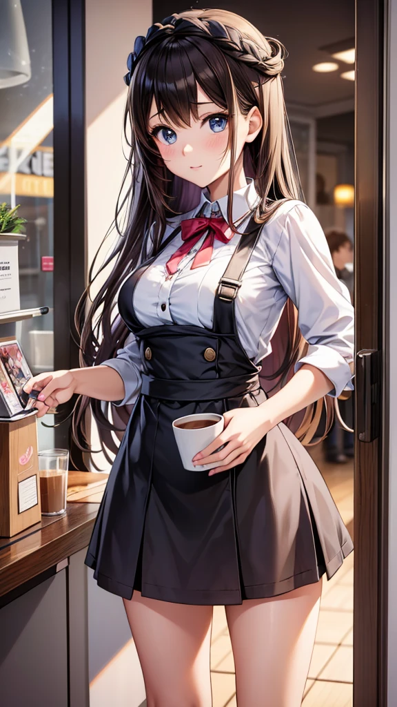 Da ist eine Frau, holding a cup of coffee, Anime girls in real life, realistic young anime girl, portrait of cute anime girl, cute natural anime face, Kawaii realistic portrait, realistic anime 3d style, cute kawaii girl, attractive anime girl, photorealistic anime, mysterious coffee shop girl, young anime girl, cute anime girl, Anime girl with long hair