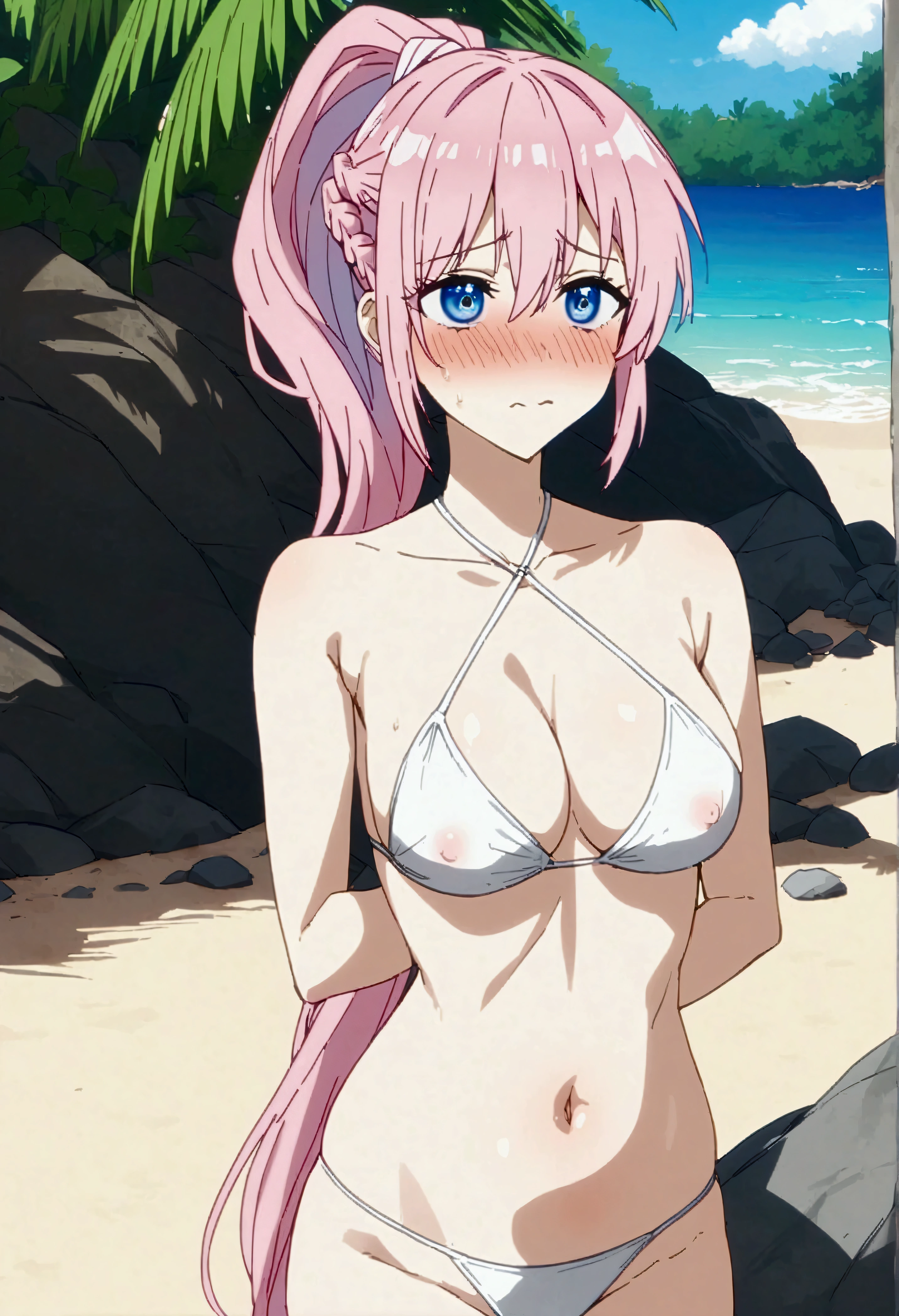 NSFW,masterpiece,Highest quality,High resolution,Very detailed,Shikimori-san\(可愛いだけじゃないShikimori-san\),Pink Hair、ponytail、Long Hair、blue eyes、Braid、Hair between the eyes、bangs,Embarrassed,blush,High-quality halter bikini,Palm tree,beach,Rock Shade