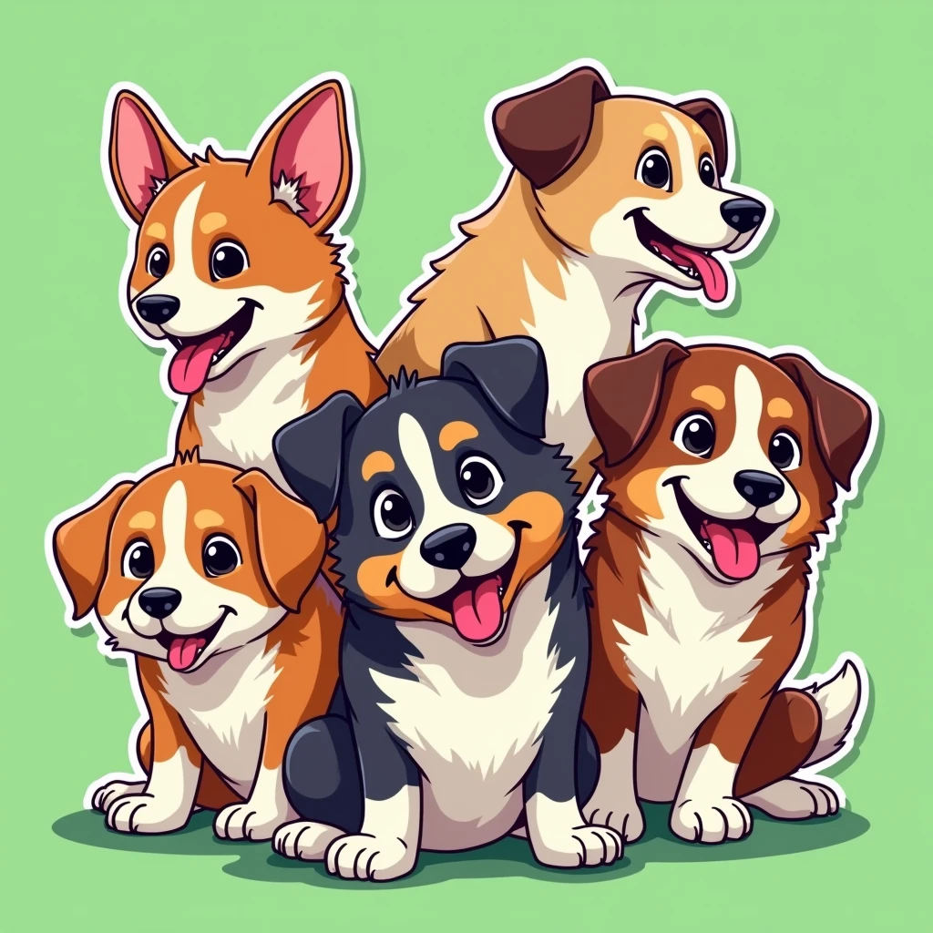 (best quality,4k,8k,highres,masterpiece:1.2),ultra-detailed,(realistic,vector,logo), dogs characters ,vector flat illustration,cartoon style, sticker,green background,dynamic,vibrant colors,clean design,minimalist,playful,whimsical,fun,energetic,humorous,appealing,attractive,iconic,brand mascot,brand identity,brand : flat sticker vector 2d