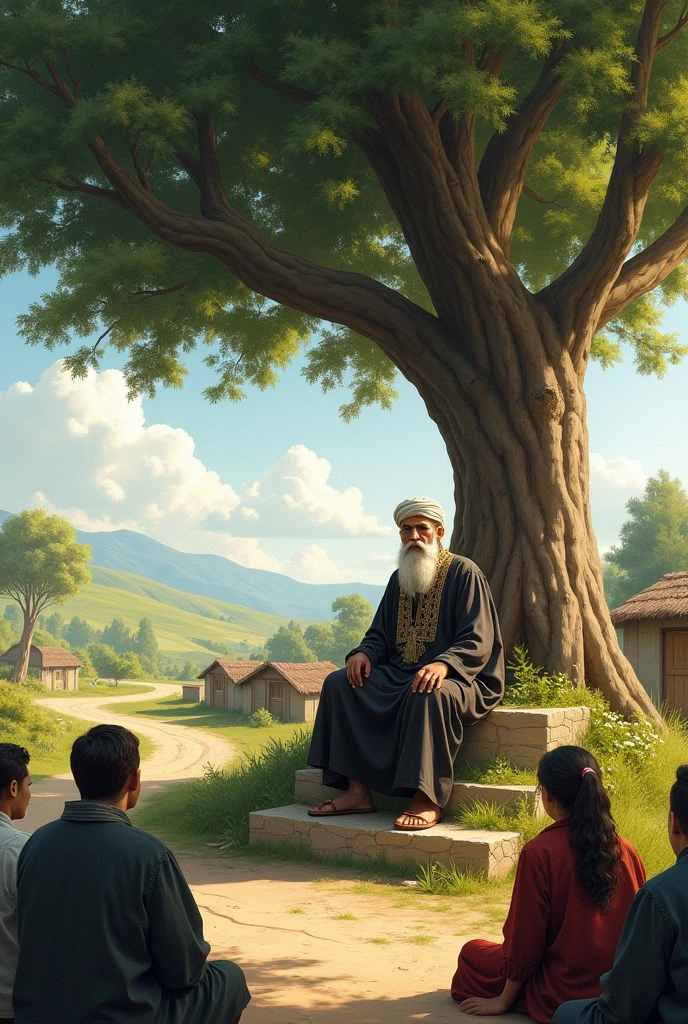 An islamic scholars sitting on higher place under the tree and teaching his students beside the road which is surrounded by huts and small plants.
