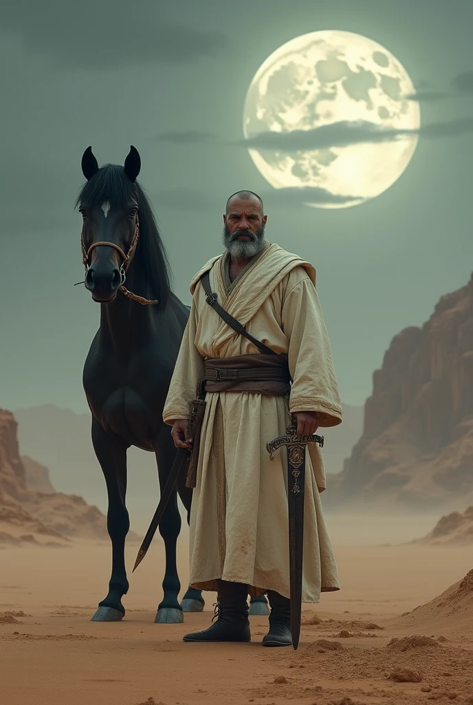 A person wearing off white warrior dress sitting on a big black horse and standing with big sword in desert night