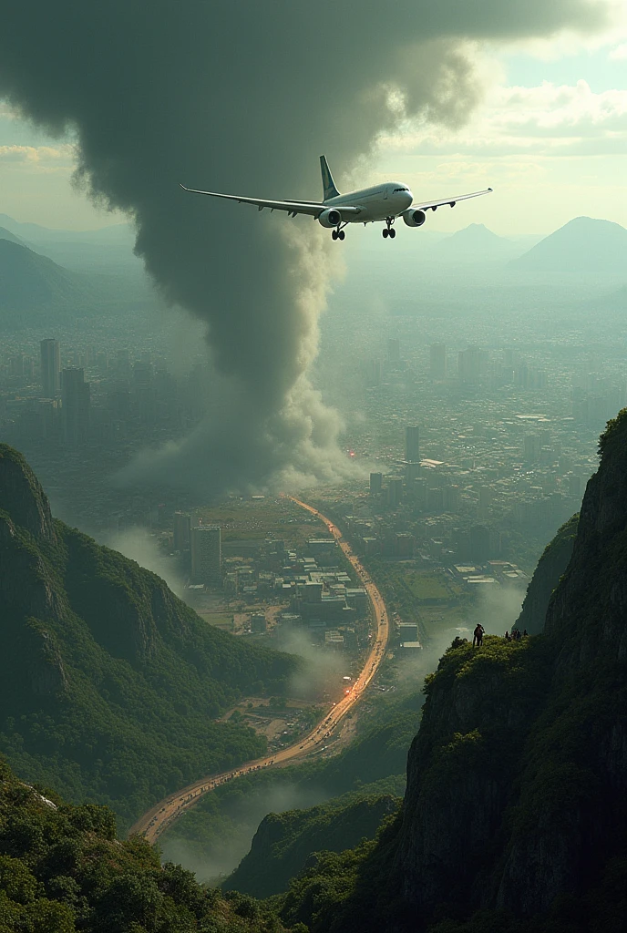 A scene of a plane crashing, with a tornado arriving in the city and a horde of zombies in the rural area with a lot of destruction and a view from the top of a mountain, super realistic in Brazil