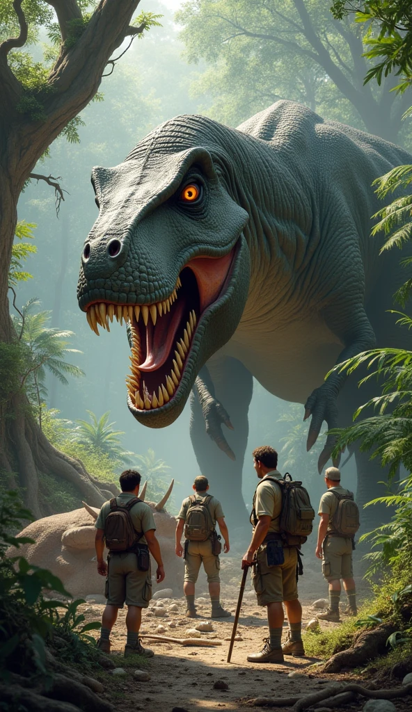 The 3 men on their quest find a Tyrannosaurus rex eating a dead ciroceratops on the ground