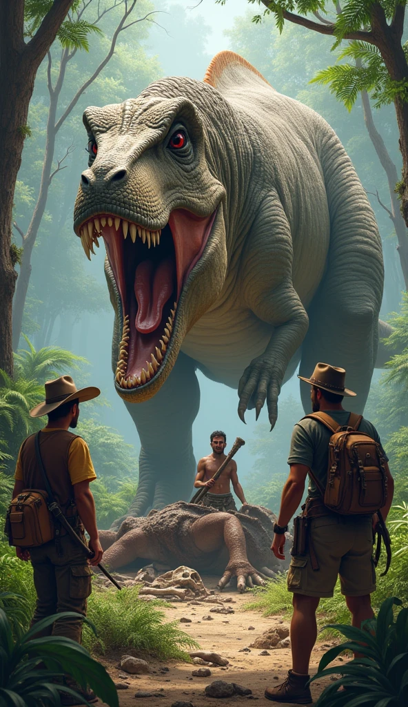The 3 men on their quest find a Tyrannosaurus rex eating a dead ciroceratops on the ground