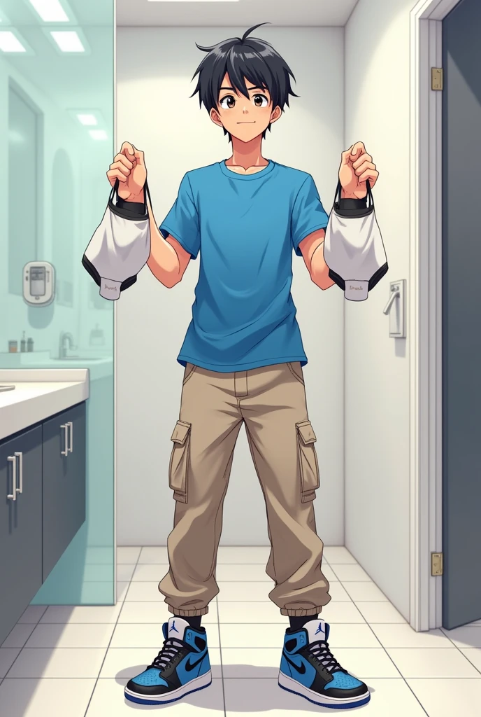 into the image, a cool teenager , with white skin and straight black hair, is posing in a bathroom. He wears a blue t-shirt and beige cargo pants., complemented by a pair of Air Jordan sneakers in blue, black andwhite. The young man is holding only a pair of boxer briefs, these briefs are white, with both hands., displaying it to the "Camera", with a happy and relieved expression. The bathroom in the background is modern and minimalist., with details like a large mirror and light tiles. The teenager&#39;s expression is relaxed and a little amused., giving a casual and informal tone to the image, In anime style.