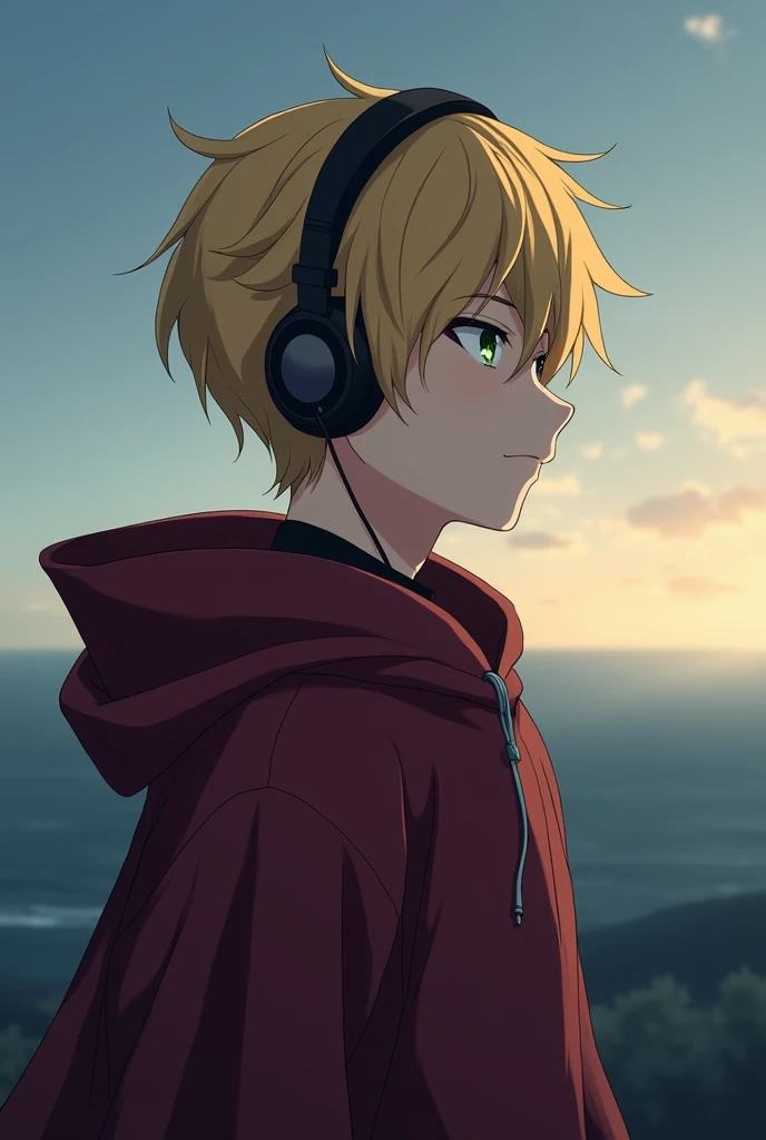 A profile picture of an anime boy with blonde hair and green eyes, short hair with strong black eyeliner, and with thoughtful headphones, in wine-colored sweatshirt with cape and high collar, and watching the horizon, a little serious and melancholic