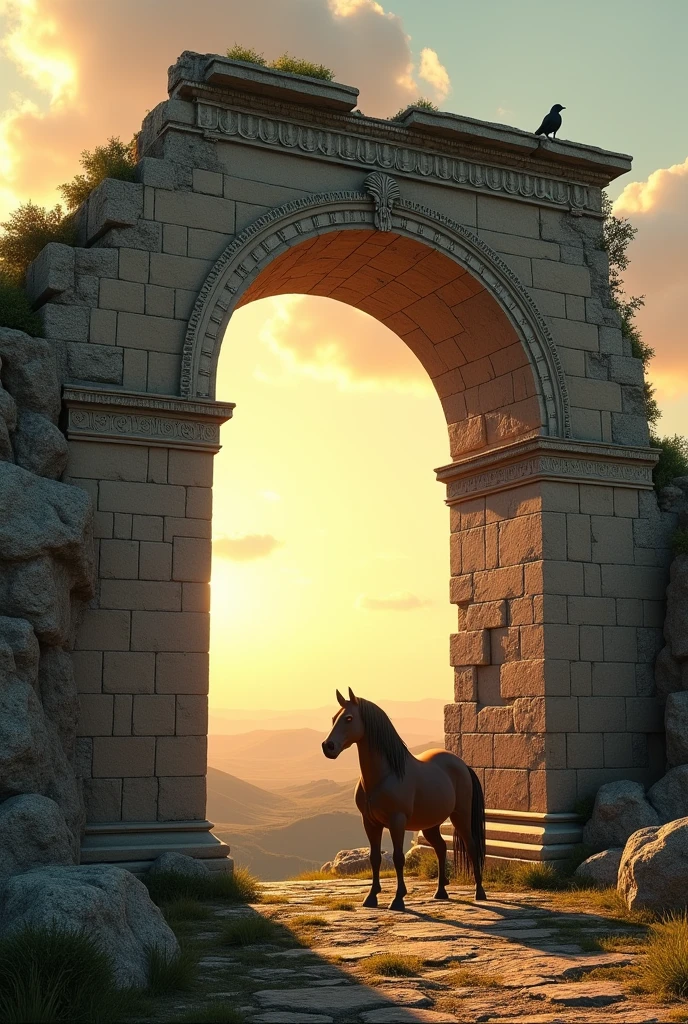 Ancient arch greek ruins of memory, bird and horse