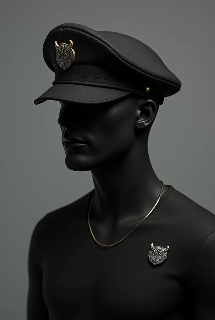Military beret to match the black shirt, with the symbol on the front very small on the left side of an owl wearing a military beret