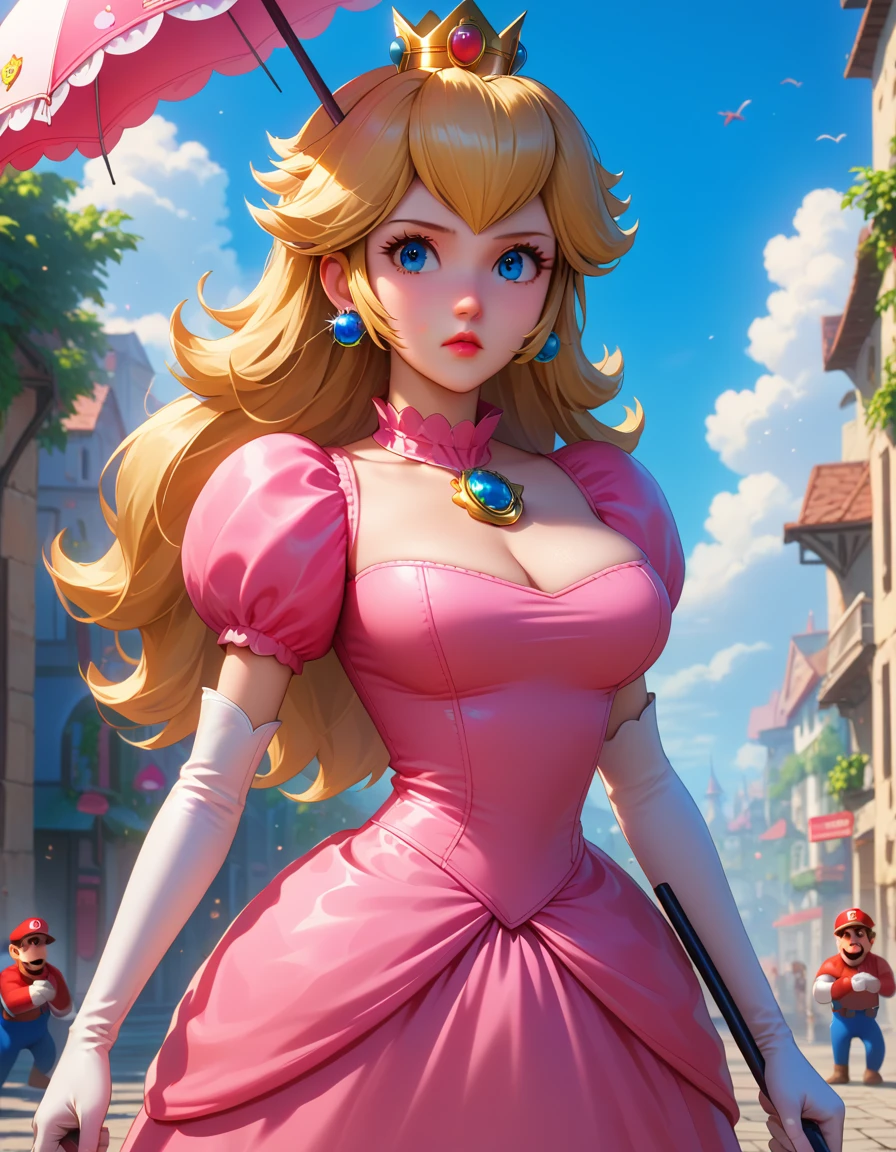 score_9, score_8_superior, score_7_superior, One person, マリオのPrincess Peach, View your viewers, Action pose, Cowboy Shot、whole body, Jumping, fight, umbrella, 1, Fierce Battle, hostility, umbrellaを持ってfight, very cute, battlefield, Vibrant, spark, fire, MPPeach, Long blonde hair, blue eyes, 金のcrown, Pink Dress, White elbow gloves, View your viewers, Severe, Are standing, Medium Shot, In the city, high quality, masterpiece, (((I wanted poster:1.37, "I wanted" It is written in large letters:1.37, It says "Grants: $1"))), Princess Peach, ((Close-up shot, Slightly gloomy face, Expressionless)), Pink Dress, (Eye Mosaic Effect), brooch, Puff sleeves, lipstick, Smooth Skin, crown, Earrings, Blonde, The background is Super Mario World, Beautiful Face, Extremely detailed CG, Very detailed, ((masterpiece, 最high quality, High resolution))、No two sons, Brown Hair, Brown eyes, Long Hair, Large Breasts, Wide Hips, Curvy, Cleavage, cat suit,