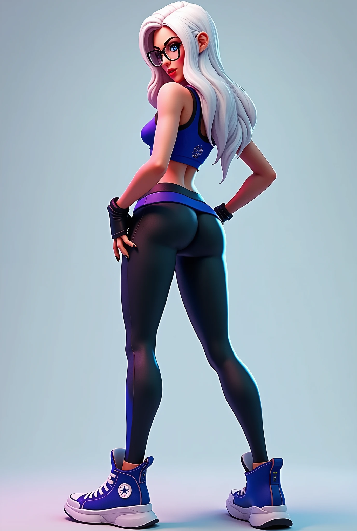 fortnite style girl, long white hair, Broad Hips, blue colored eyes, wearing glasses, Allstar Sneakers, sexy cobalt blue top black leggings full body back
