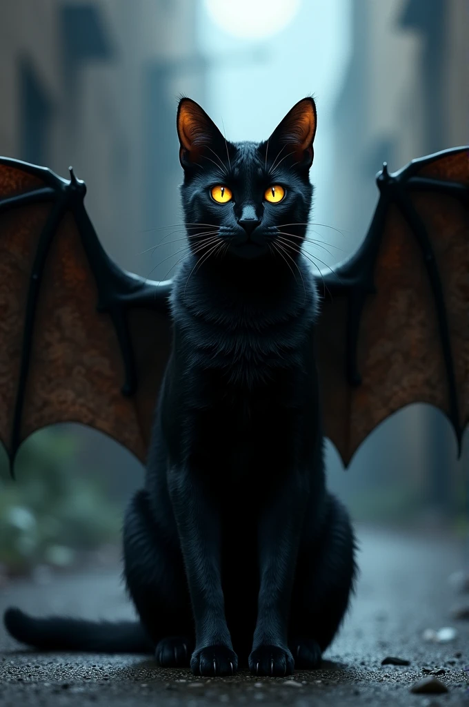 a black cat (furro) with tuxedo and bat wings
