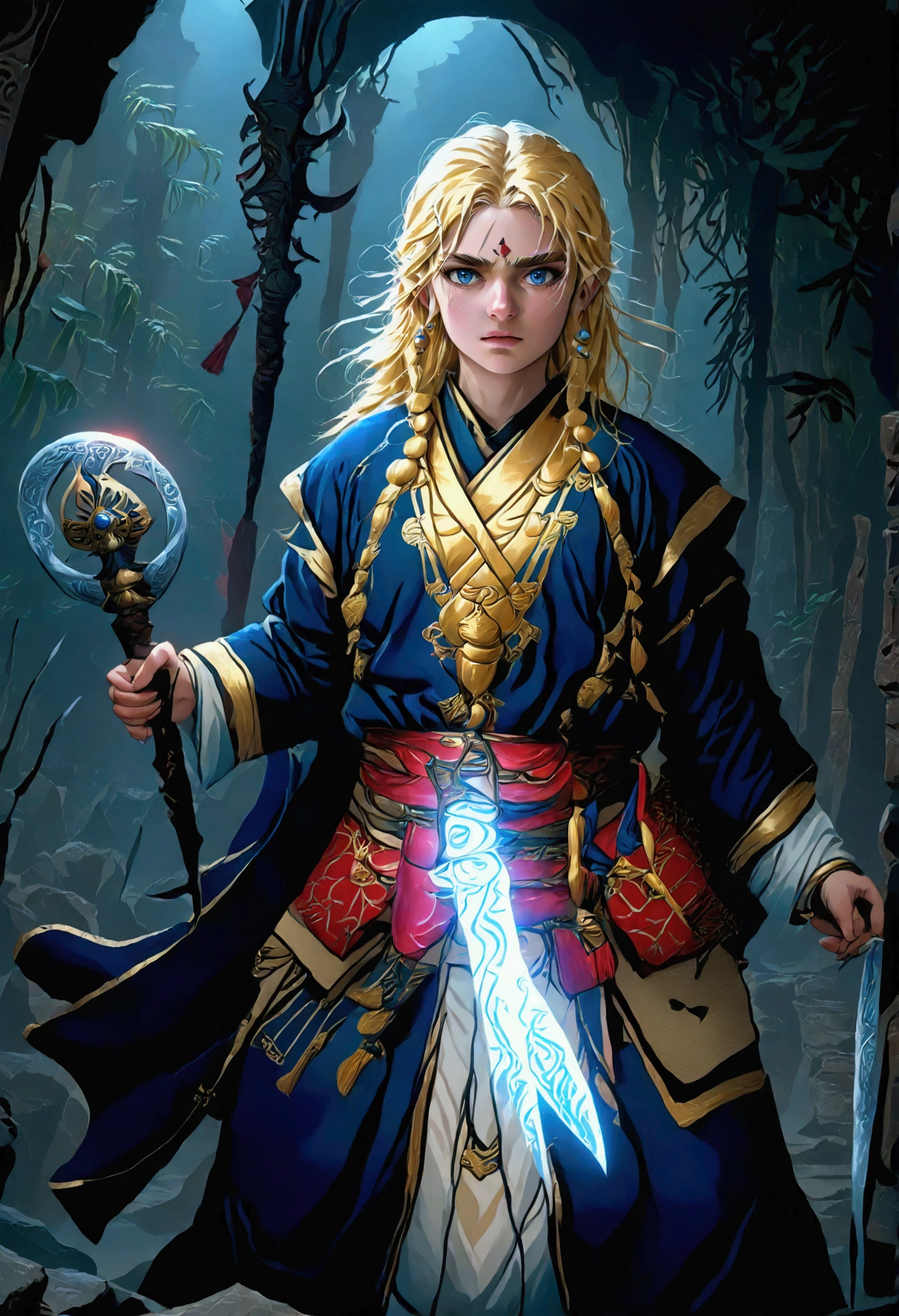 A young European warrior with blond hair, exquisite detailed face and eyes, wearing traditional Eastern attire, long robe, holding a large sword, dark shadowy entity, dark misty environment, dramatic lighting, cinematic, fantasy, epic, dark, moody, hyper-detailed, 8k, photorealistic