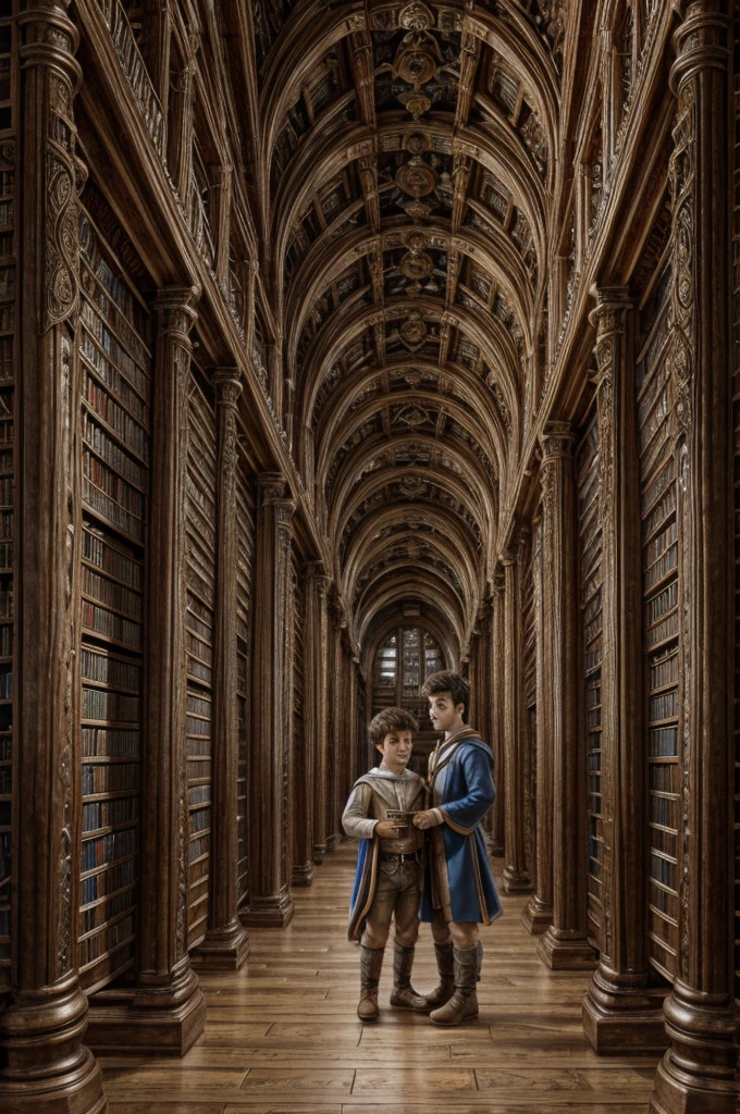 Create an image (super realistico)! A young man next to another man, with age! They are in a library that contains the knowledge of the world! Full of Scrolls and infinite books! 