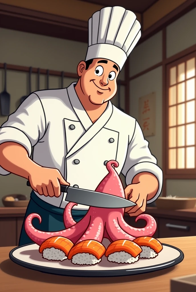 A chef making sushi that has octopus but is animated