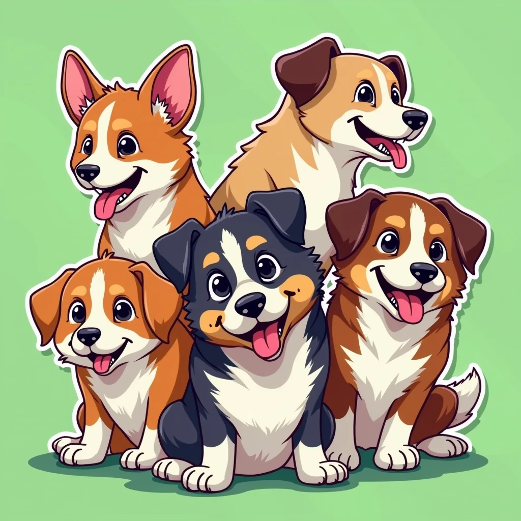 (best quality,4k,8k,highres,masterpiece:1.2),ultra-detailed,(realistic,vector,logo), dogs characters ,vector flat illustration,cartoon style, sticker,green background,dynamic,vibrant colors,clean design,minimalist,playful,whimsical,fun,energetic,humorous,appealing,attractive,iconic,brand mascot,brand identity,brand : flat sticker vector 2d