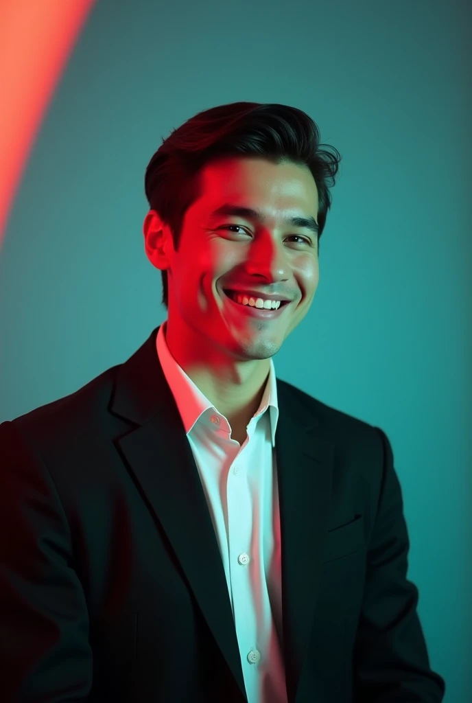 A young man with dark hair and a confident smile. He is dressed in a black blazer over a white shirt. The man is positioned against aqua colour backdrop with a subtle red lighting on the left side. and he posing for Linkedin profile