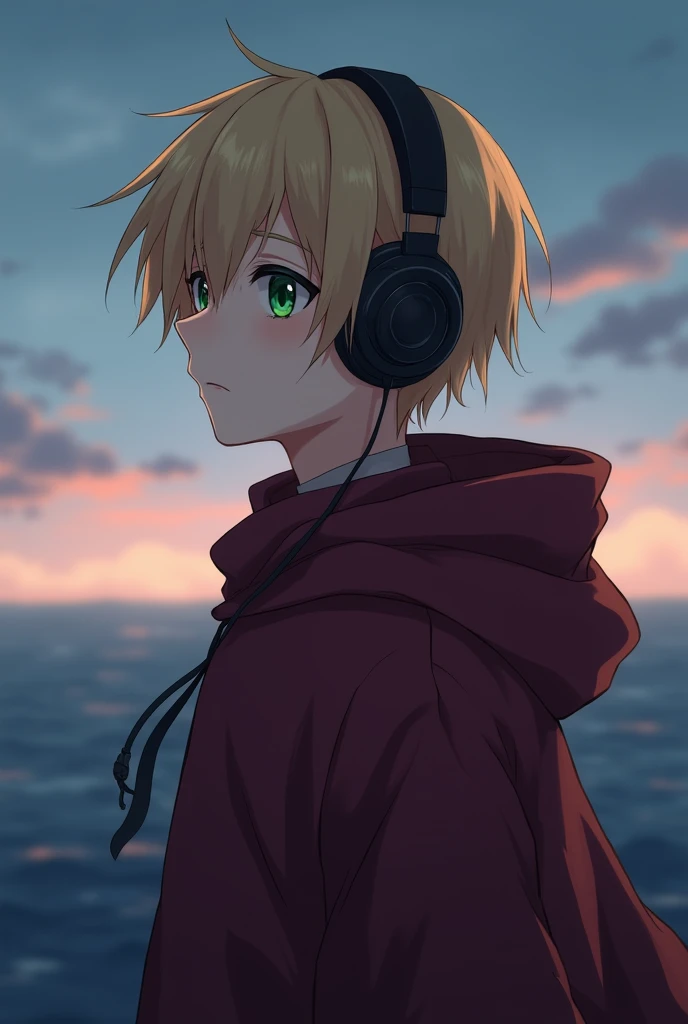 A profile picture of an anime boy with blonde hair and green eyes, short hair with strong black eyeliner, and with thoughtful headphones, in wine-colored sweatshirt with cape and high collar, and watching the horizon, a little serious and melancholic 