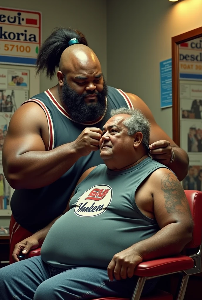 Generates an image of fat shaquille o'neal with a ponytail up, cutting the hair of a chubby, dark-skinned old man wearing a vest that says Yankee and a sign in the background in Spanish that says 'Esthetics 57100'