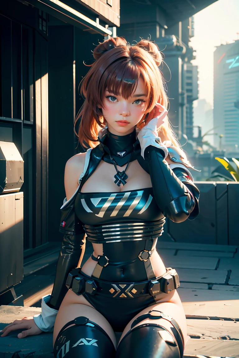 game art，Best picture quality，highest resolution，8ก，((half length photograph))，((Portrait))，(Third rule)，Unreal Engine 5 rendering works， (future girl)，(Female warrior)， Two young hackers)，(ancient oriental hairstyle)，(Beautiful eyes full of details)，(big breasts)，(eyelid)，elegant and charming，indifferent，((frown))，(A battlesuit full of future technology.，This set combines futuristic energy armor and，The clothes are decorated with sparkling patterns and symbols..)，Cyberpunk characters，In the form of the future， Posing for pictures，city background，lamp，Ray Tracing，CG game，((Real 3D Engine))，OC rendering format