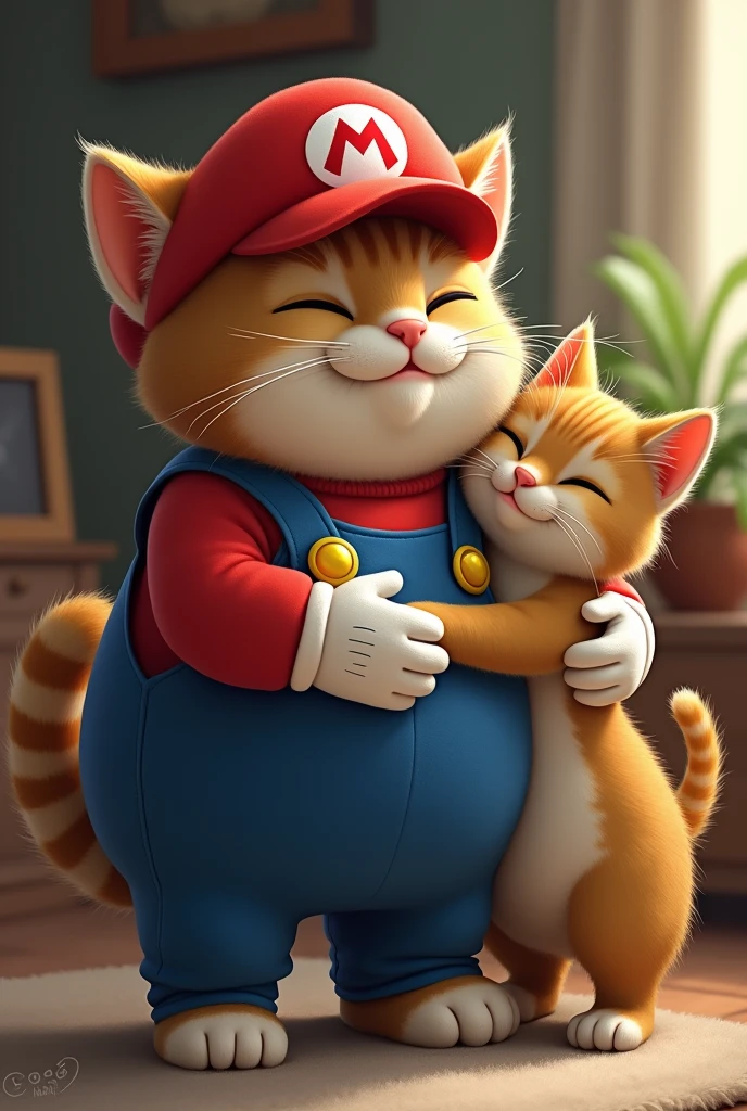 A Mario cat hugging another cat 