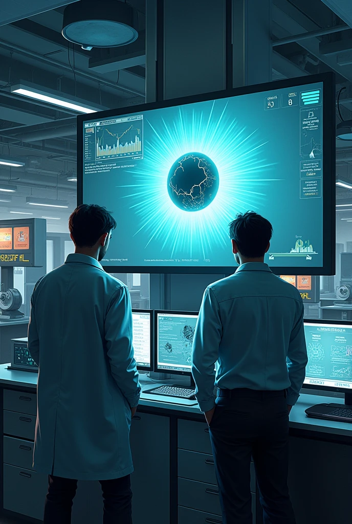 In a laboratory two male researchers stood watching several screens displaying the results of an experiment and one of the small screens showed an image of an experiment room with a cracked round sphere floating in it.. And on another screen you see levels that indicate that something is failing.