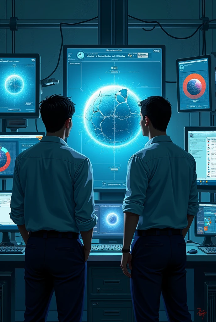 In a laboratory two male researchers stood watching several screens displaying the results of an experiment and one of the small screens showed an image of an experiment room with a cracked round sphere floating in it.. And on another screen you see levels that indicate that something is failing.