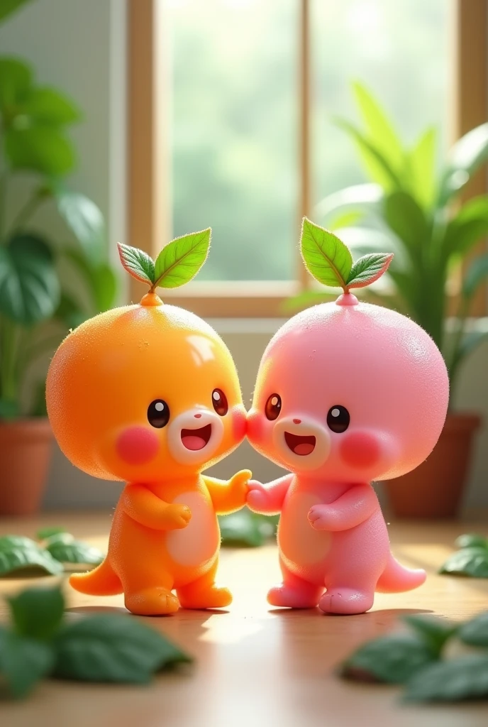 Create an image of two adorable, cartoonish dool characters, one orange and one pink, both with cheerful smiles and tiny arms and legs. They have glossy, semi-transparent surfaces with tiny water droplets, and each has a small leaf on top. The background features a bright and airy indoor setting with green plants and soft natural light, creating a cozy atmosphere. The scene conveys a sense of happiness and friendship, with a gentle bokeh effect in the background.