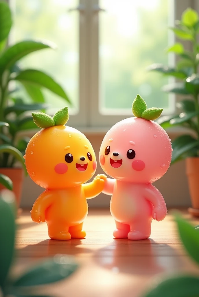 Create an image of two adorable, cartoonish dool characters, one orange and one pink, both with cheerful smiles and tiny arms and legs. They have glossy, semi-transparent surfaces with tiny water droplets, and each has a small leaf on top. The background features a bright and airy indoor setting with green plants and soft natural light, creating a cozy atmosphere. The scene conveys a sense of happiness and friendship, with a gentle bokeh effect in the background.