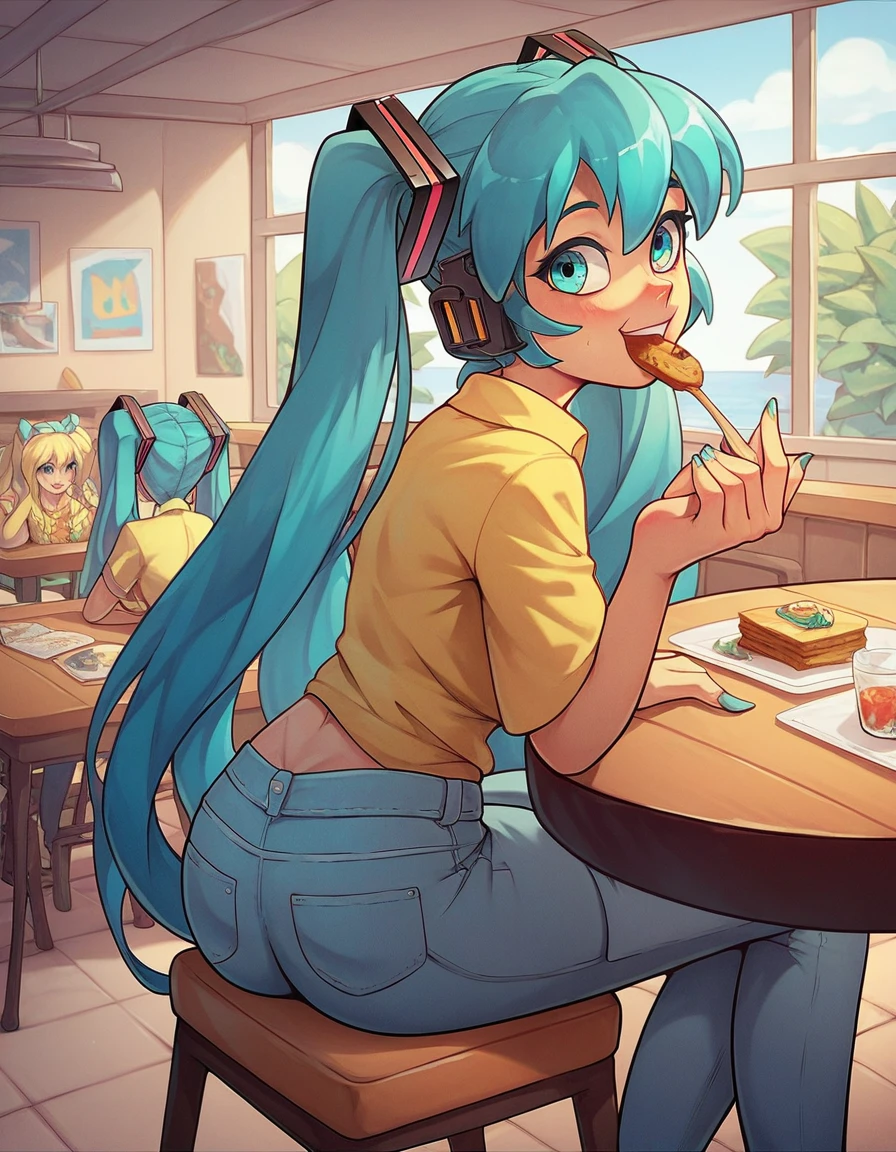 hatsune miku, AQUA EYES, AQUA HAIR, TWINTAILS, LONG HAIR, yellow shirt, Brazil shirt, short jeans, Brazil, Rio de Janeiro. sitting on a chair, table with tacacá, eating tacacá.