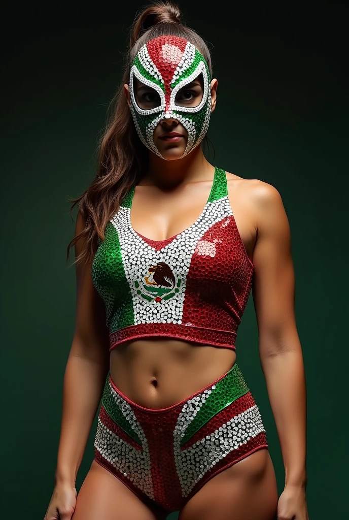 Create me a unique 2-piece sequin women's wrestling suit and a mask with the colors of the Mexican flag that is also a wrestling mask.