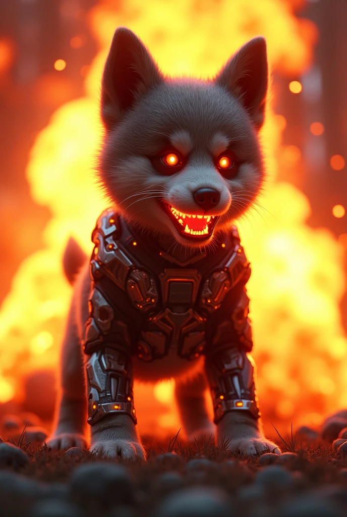 brave puppy, cyber, red teeth, fireball behind, 3 d image, Background transparent