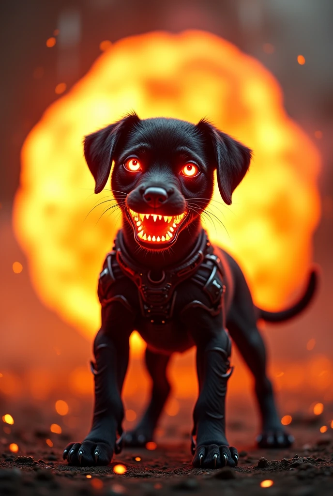 brave puppy, cyber, red teeth, fireball behind, 3 d image, Background transparent