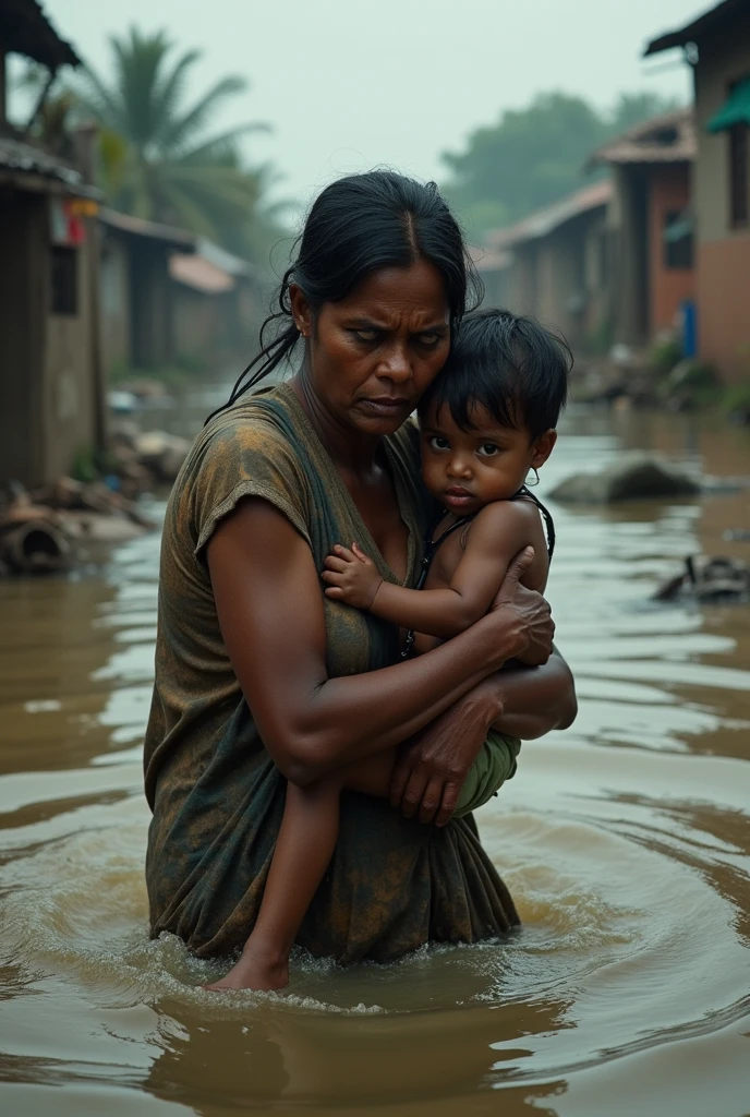Lady and her child suffering from flood in Bangladesh.