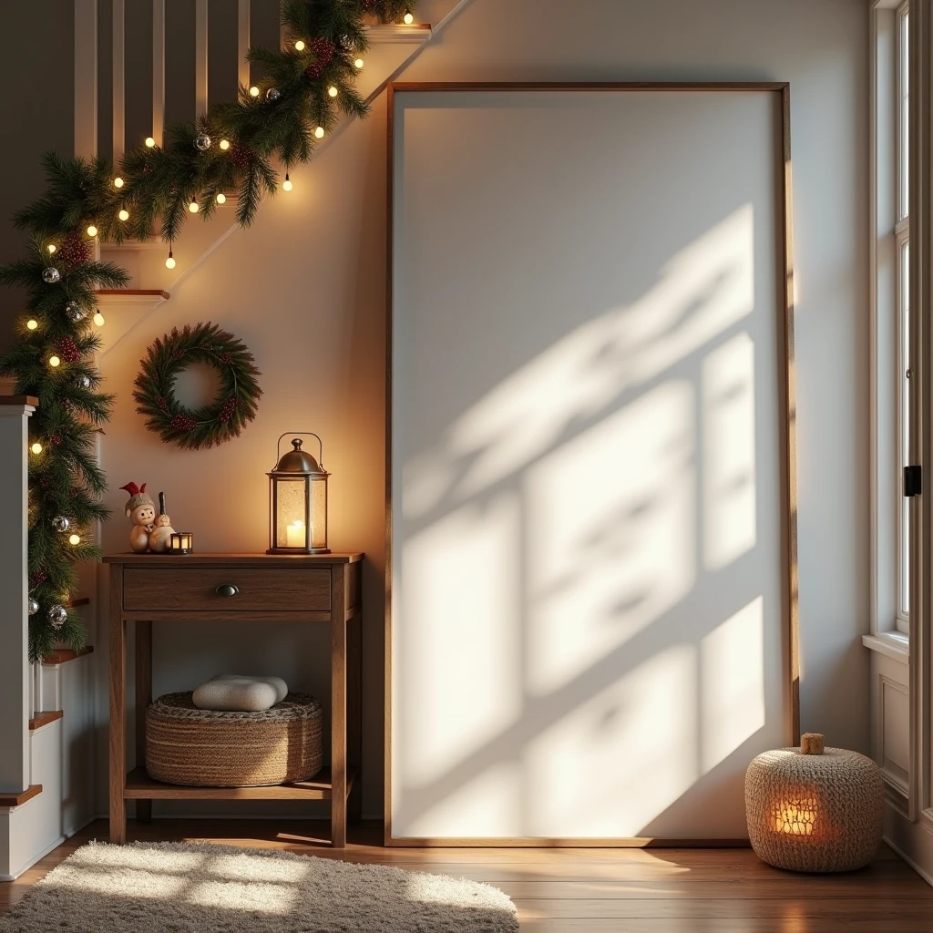 An ultra-realistic entryway decorated for Christmas, featuring a vertical DIN A-sized white-framed blank canvas leaning against the wall on a rustic wooden console table. The canvas reflects the twinkling lights of a Christmas garland draped along the staircase and the soft glow of a nearby lantern. Holiday decor, such as small wreaths and festive figurines, add charm to the space, while the shadows from the garland and lantern create a sense of depth on the blank canvas. The scene captures the welcoming and festive atmosphere as guests enter the home